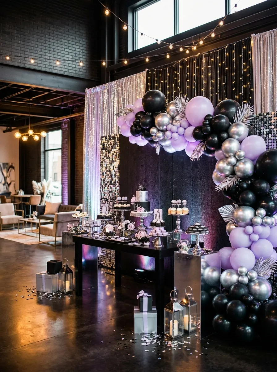 Teen birthday party decoration ideas with an elegant balloon garland and dessert table