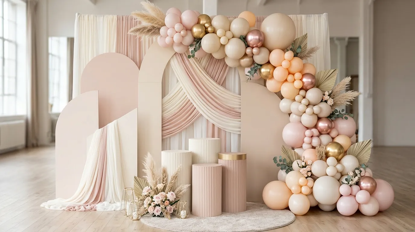 Teen birthday photo backdrop with cream and blush fabric draping and a pastel balloon installation