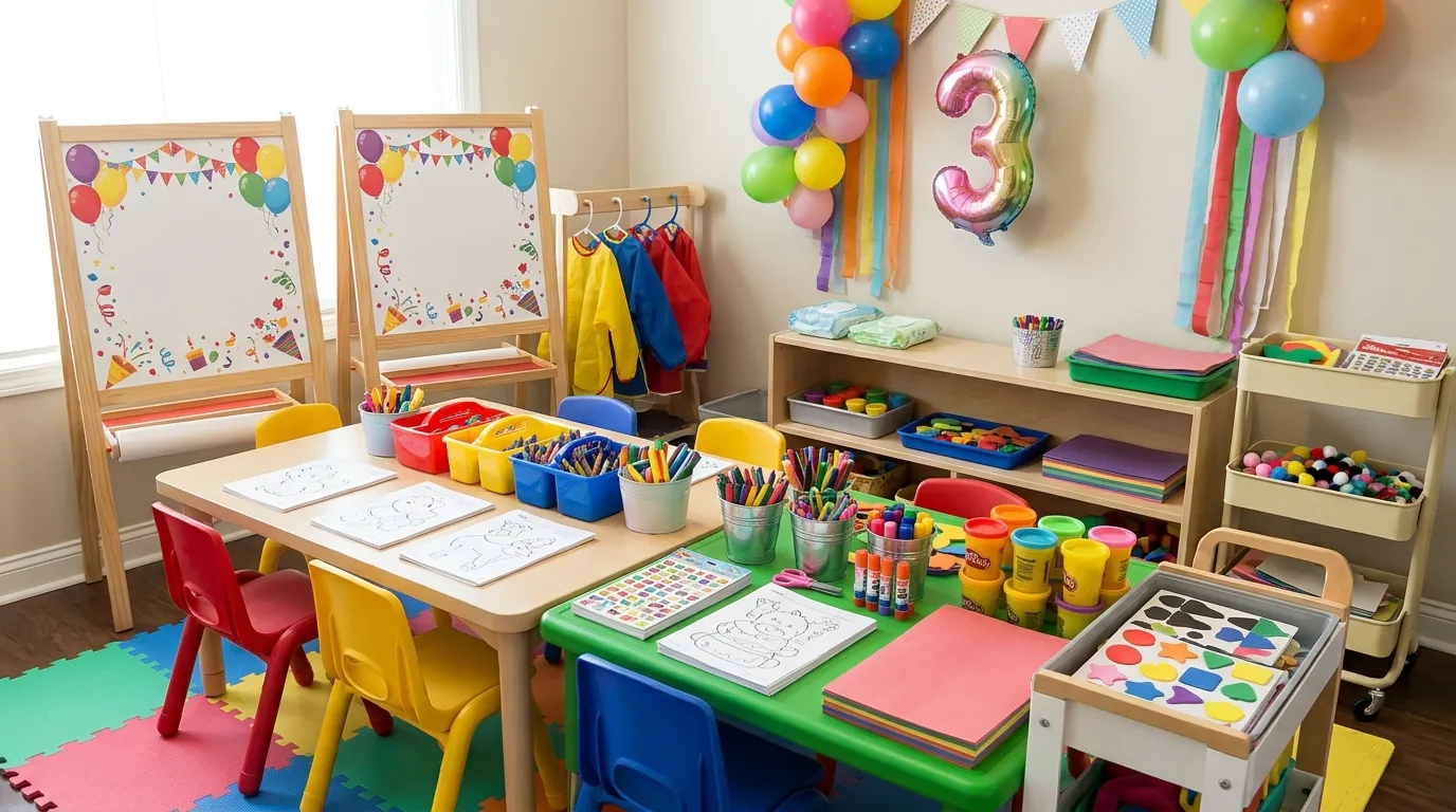 Third birthday activity corner with organized craft supplies and a themed sign