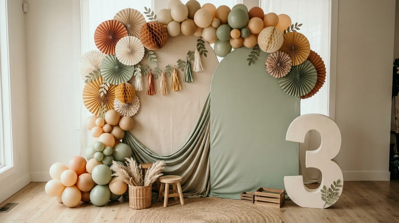 Third birthday backdrop with a fabric panel, themed paper decorations and an age-number prop