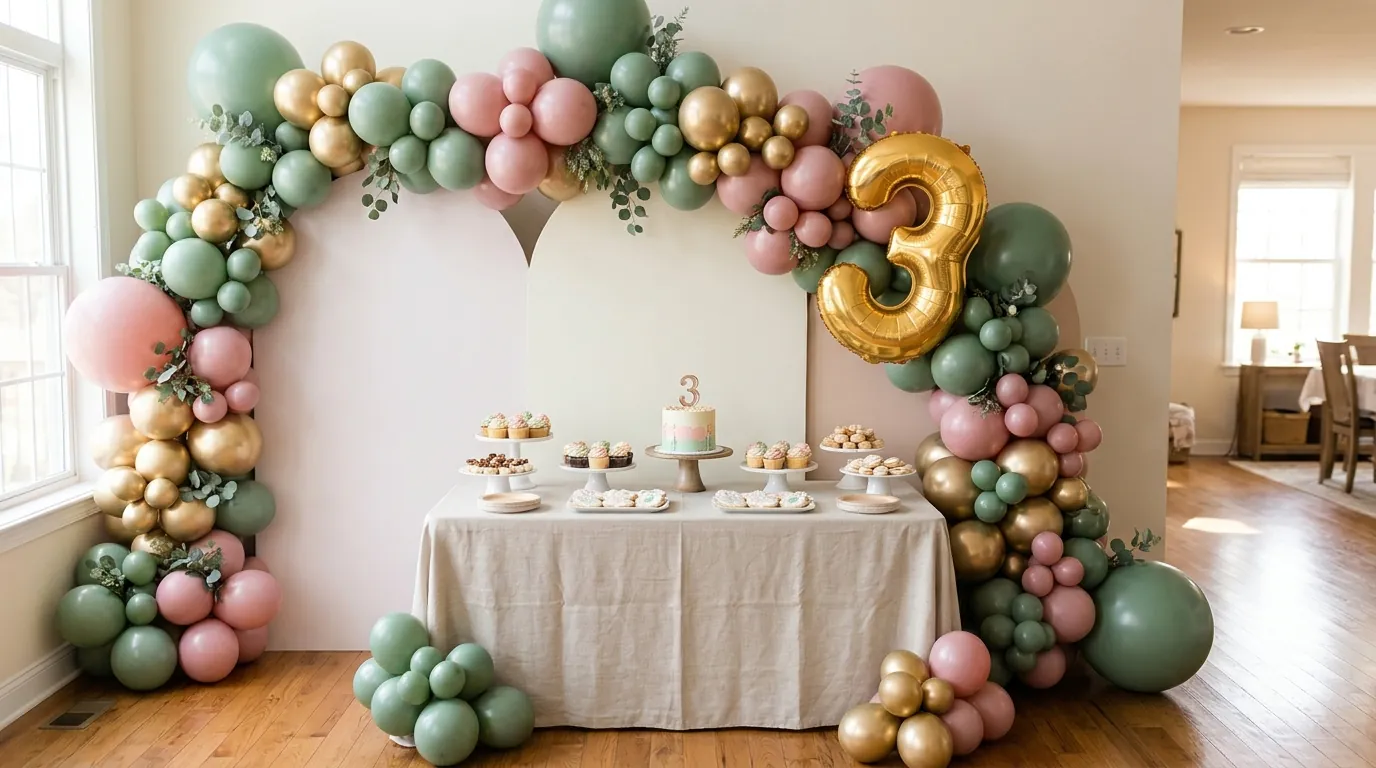 Third birthday balloon garland in three coordinated colors above a dessert table