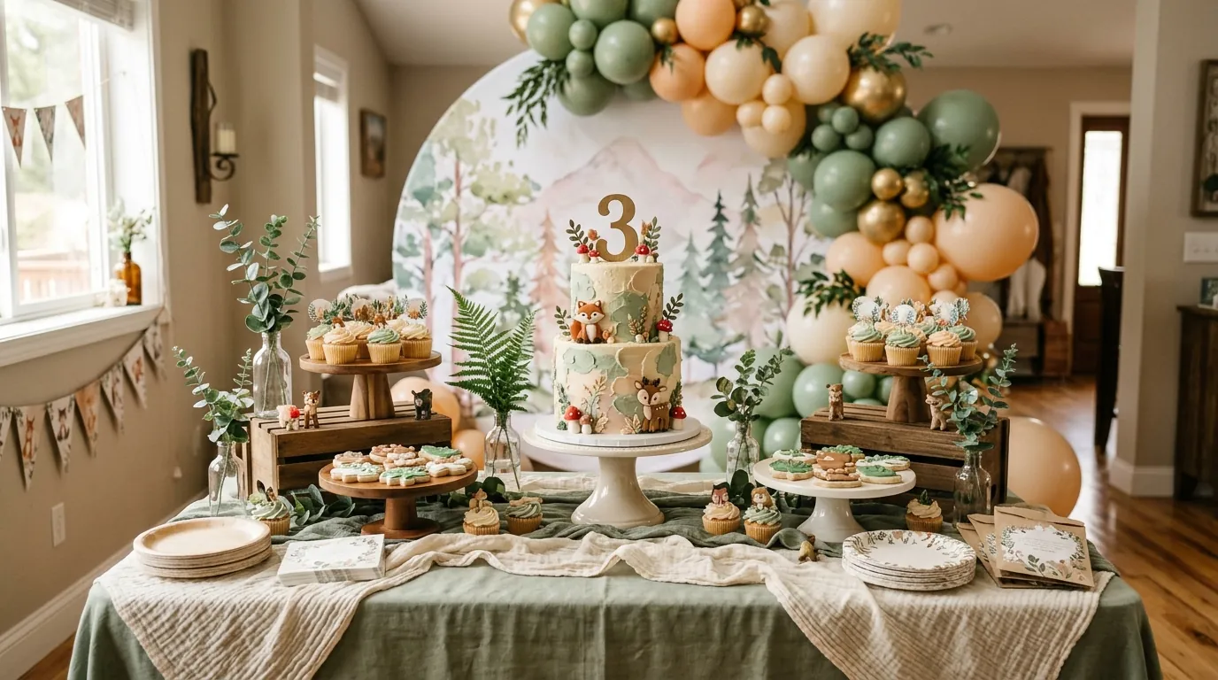 Third birthday cake table with a cake stand, cupcakes and themed accents