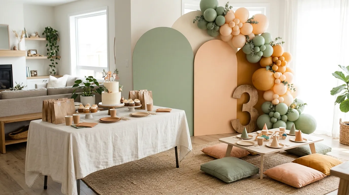 Third birthday decoration ideas with a coordinated palette and tasteful balloon display