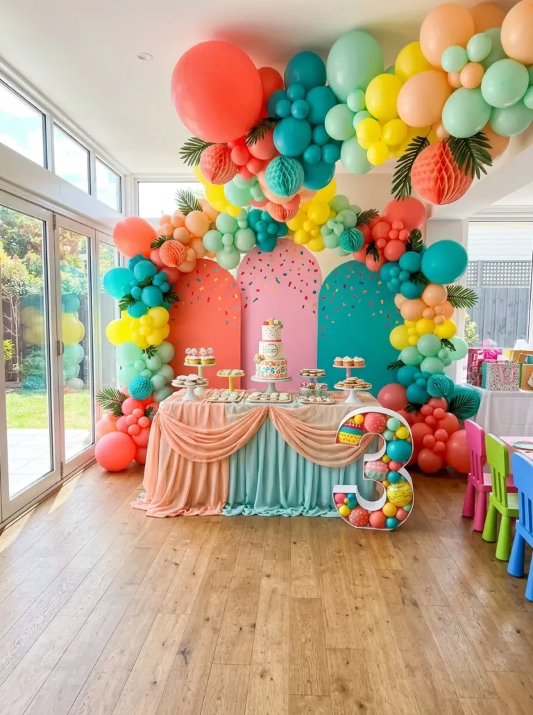 Third birthday decoration ideas with a balloon garland and cake table