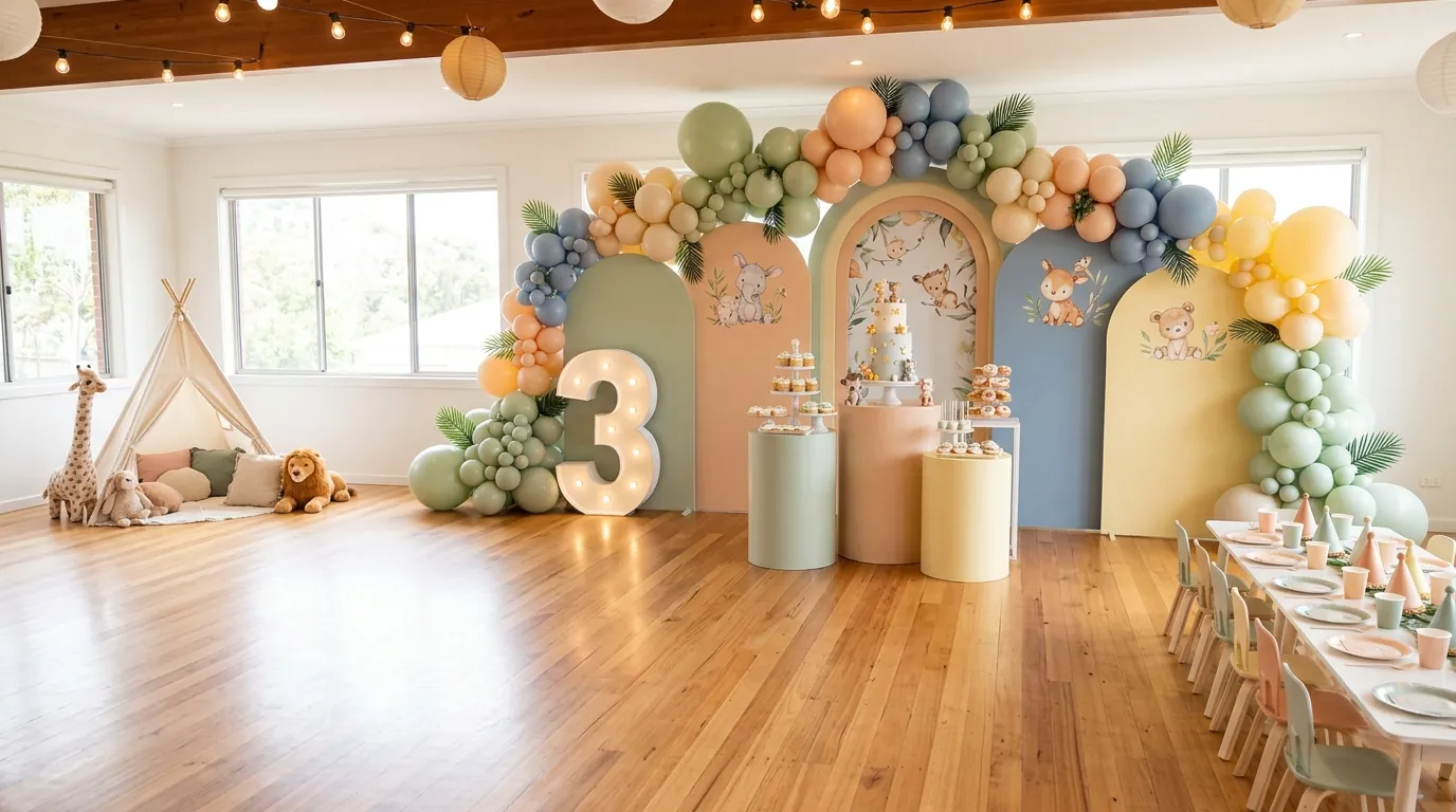 Full-room view of a coordinated third birthday celebration with backdrop and dessert table