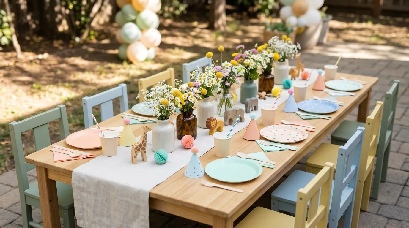Third birthday guest table with a low centerpiece, plates and napkins