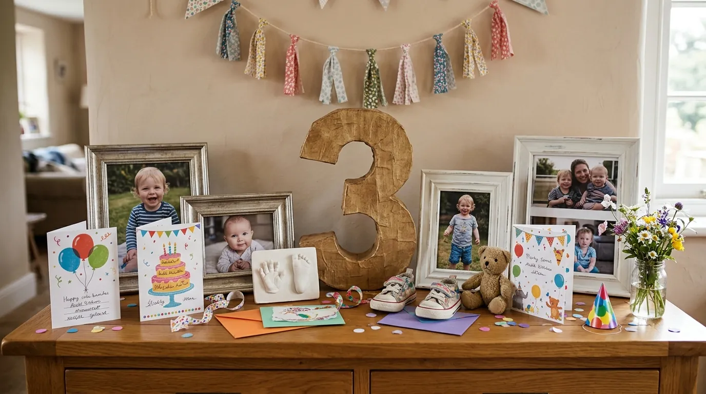Personalized third birthday memory display with framed photos and keepsake cards