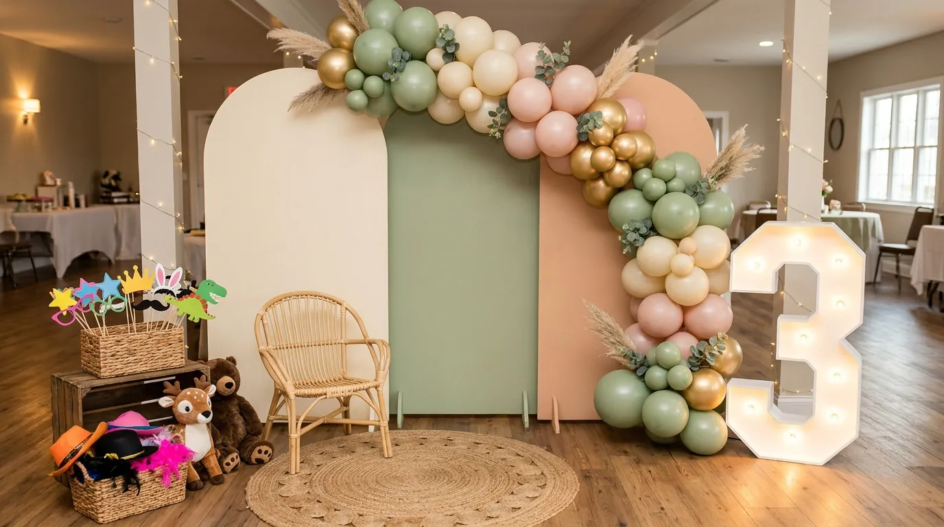 Third birthday photo booth with a backdrop, playful props and soft lighting