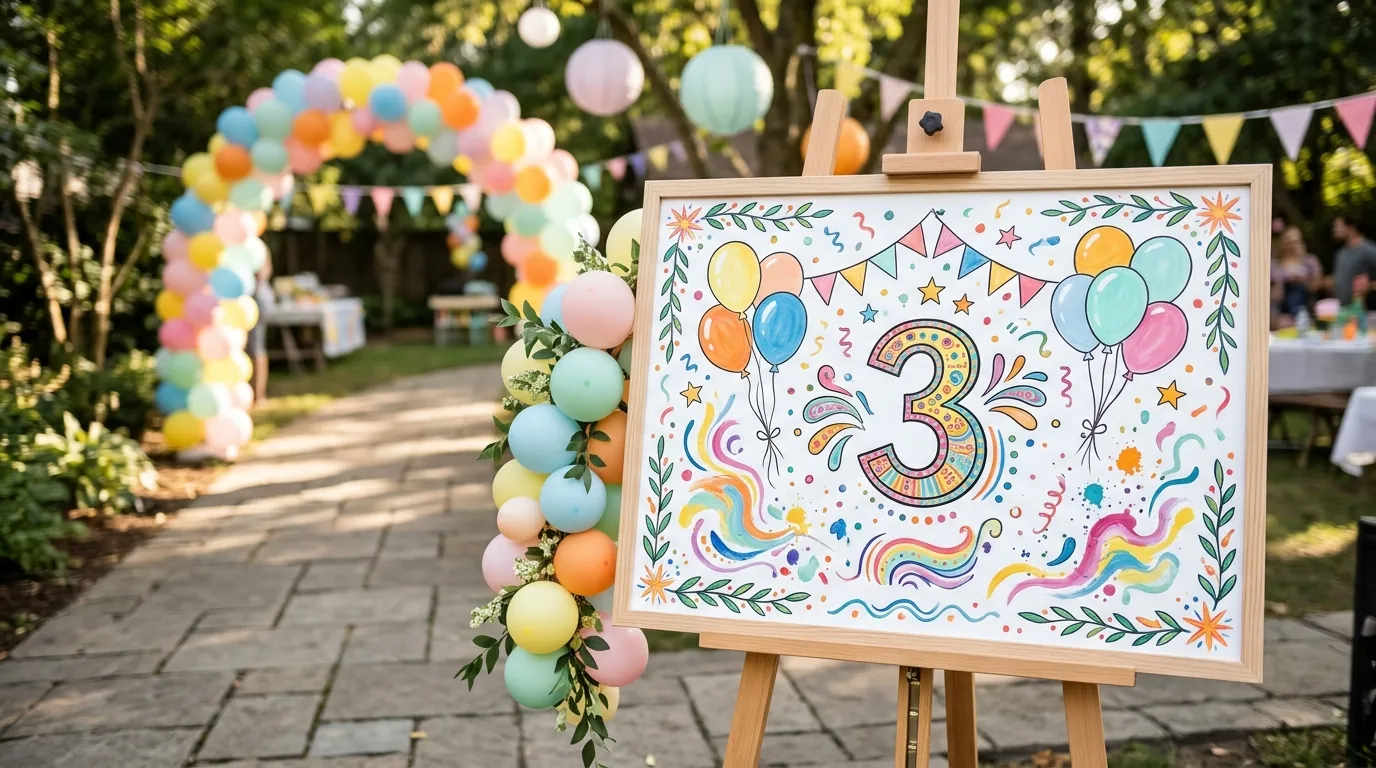 Welcome sign on an easel at a third birthday party entrance