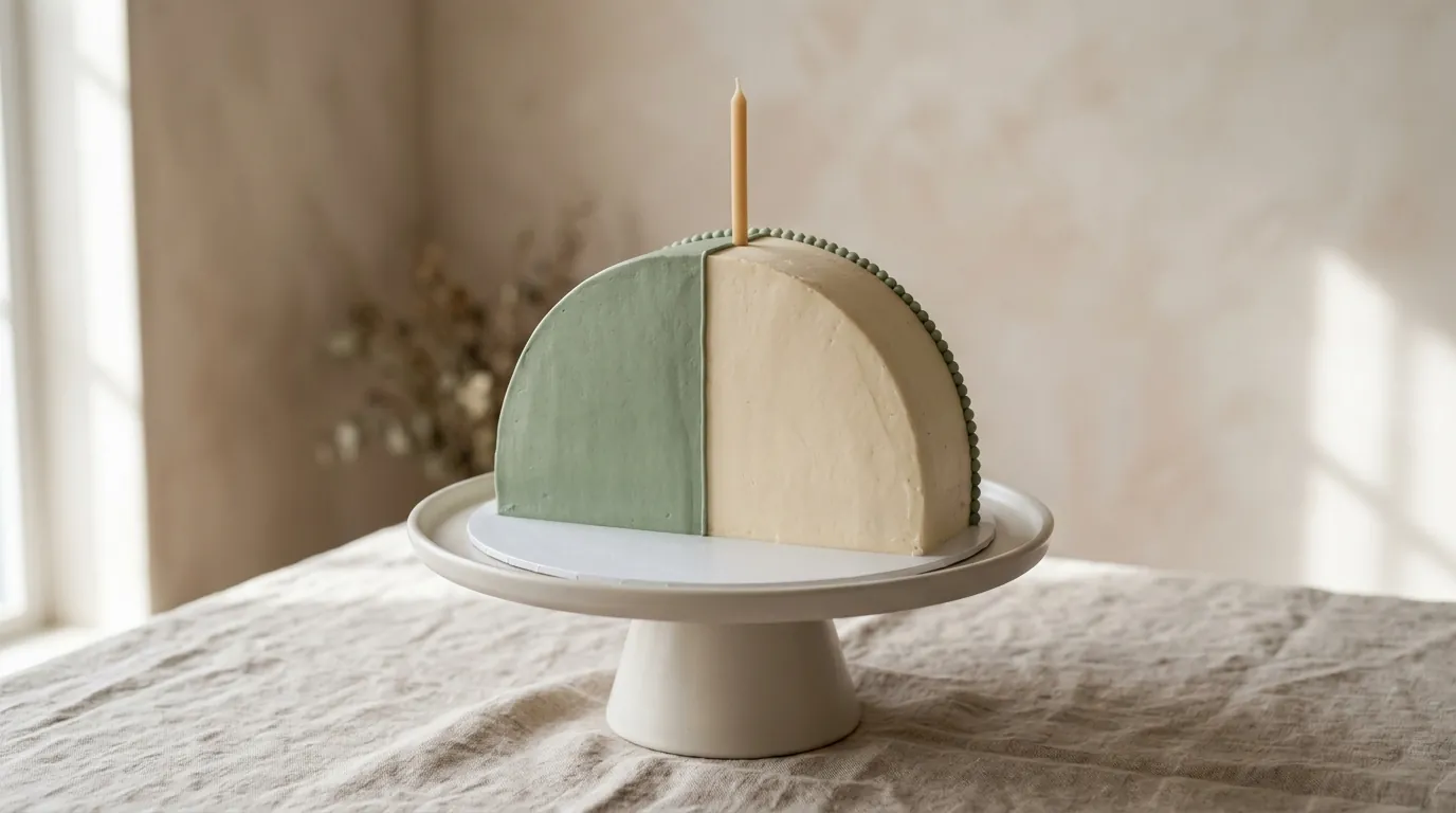 Two-tone half birthday cake with a semicircle design on a cake stand